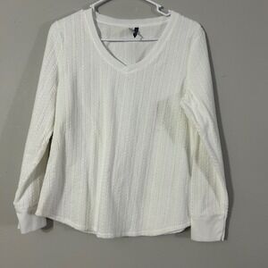Jaclyn Intimates White Textured Cable Knit V Neck Long Sleeve Top Women's Size L